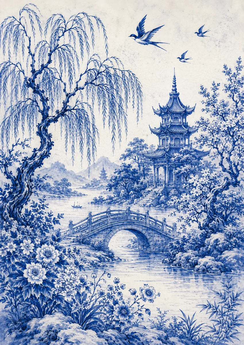 Blue-and-white garden landscape with a willow tree, arched bridge, pagoda pavilion, flowering trees, mountains, and swallows